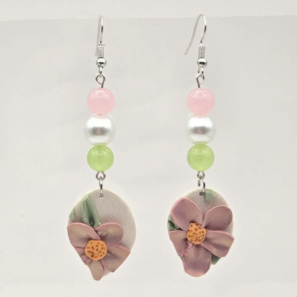 #B86- Chic Floral Drop Earrings with Pink and Green Accents